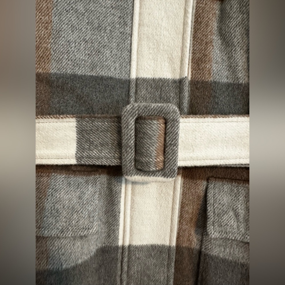 🔆 Calvin Klein Plaid Gray and Cream Trench Coat with Belt - Medium NWOT - Picture 10 of 16